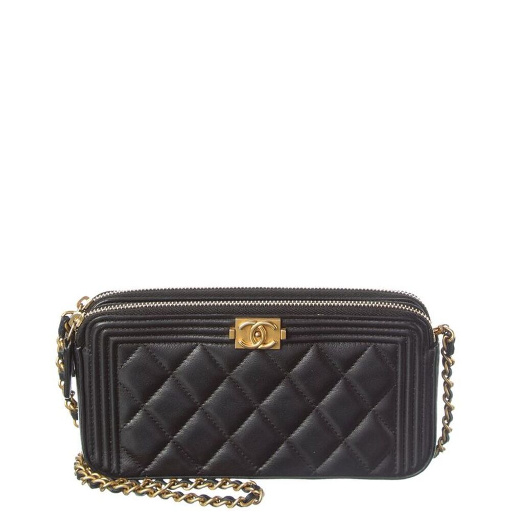 Chanel Black Lambskin Leather Quilted Small Boy Clutch With Chain